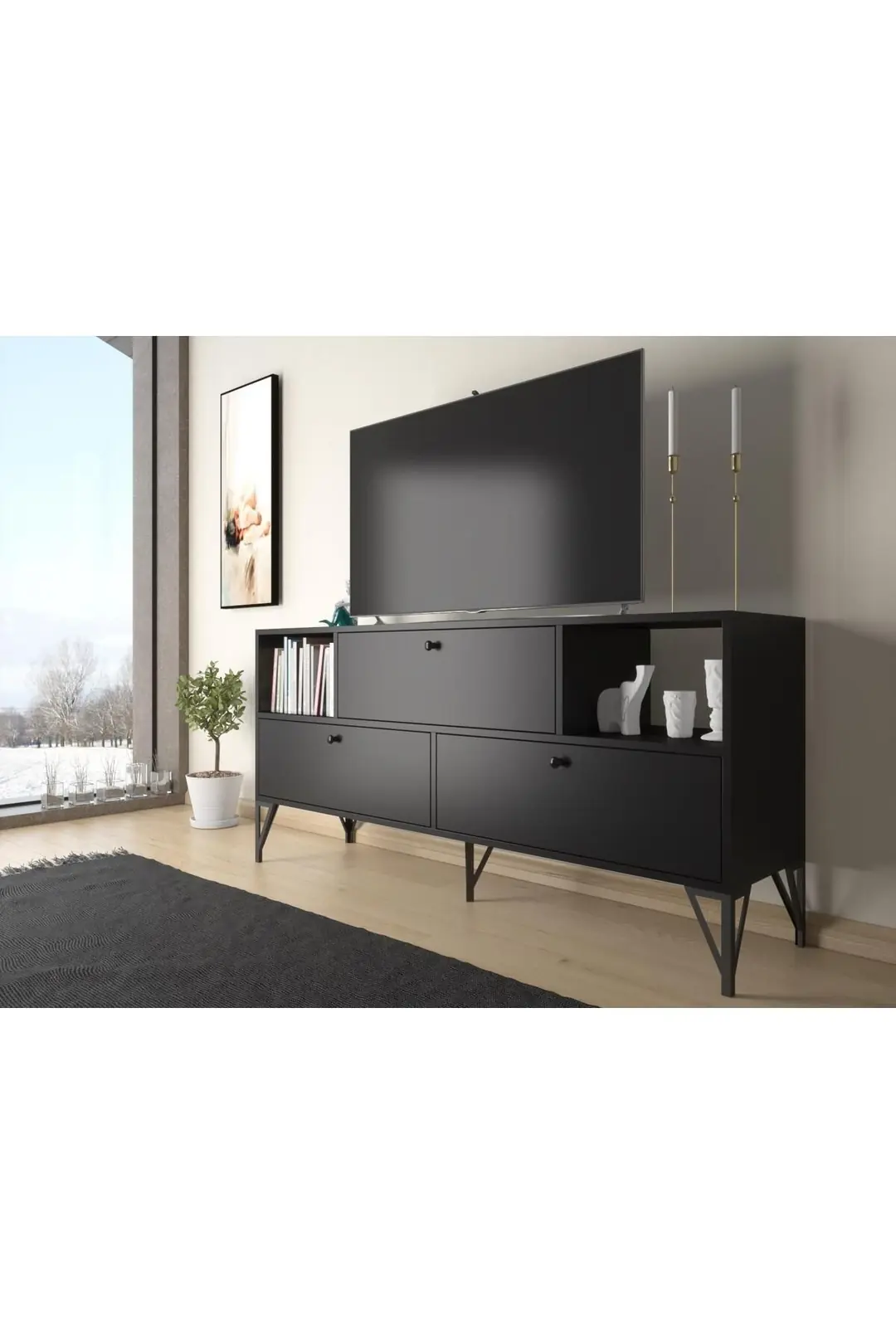 Mia 160 Cm Metal Ayaklı Tv Ünitesi - Konsol - Siyah / Siyah